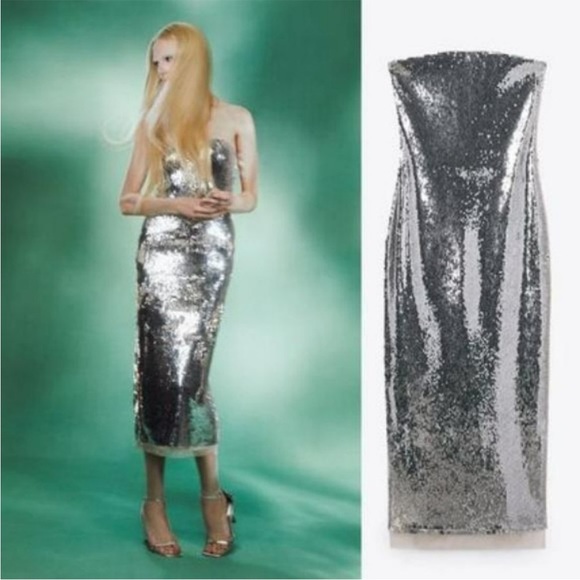 ZARA STRAPLESS SEQUIN DRESS - Picture 1 of 5